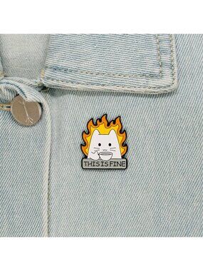 ✨This Is Fine Cat On Fire Sipping Tea Enamel Pin Animal Broch White Cat Cartoon✨